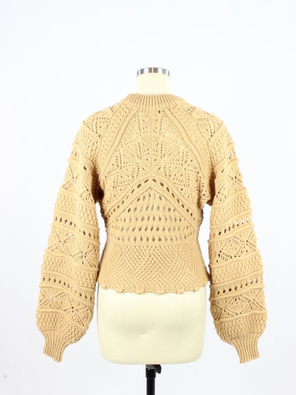 ZARA Tan Acrylic Wool Crochet Pointelle Knit Puff Sleeve Sweater, Size M - Picture 3 of 14